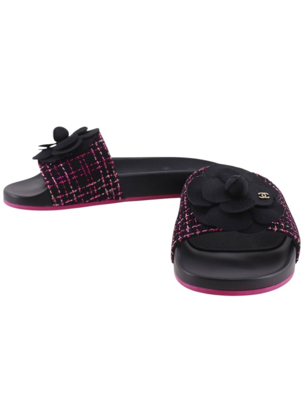 Chanel Camellia Rubber Tweed Black Pink Sandals